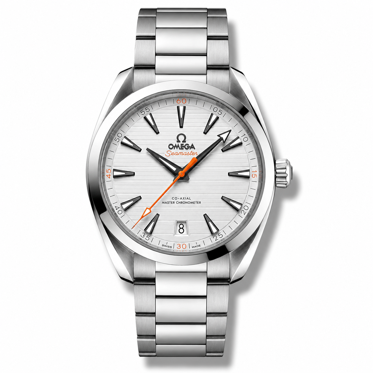 IMG-5994.png Omega AquaTerra 150M Co-Axial Master Chronometer – Silver Dial Orange Seconds Steel Bracelet 41mm - Image 1