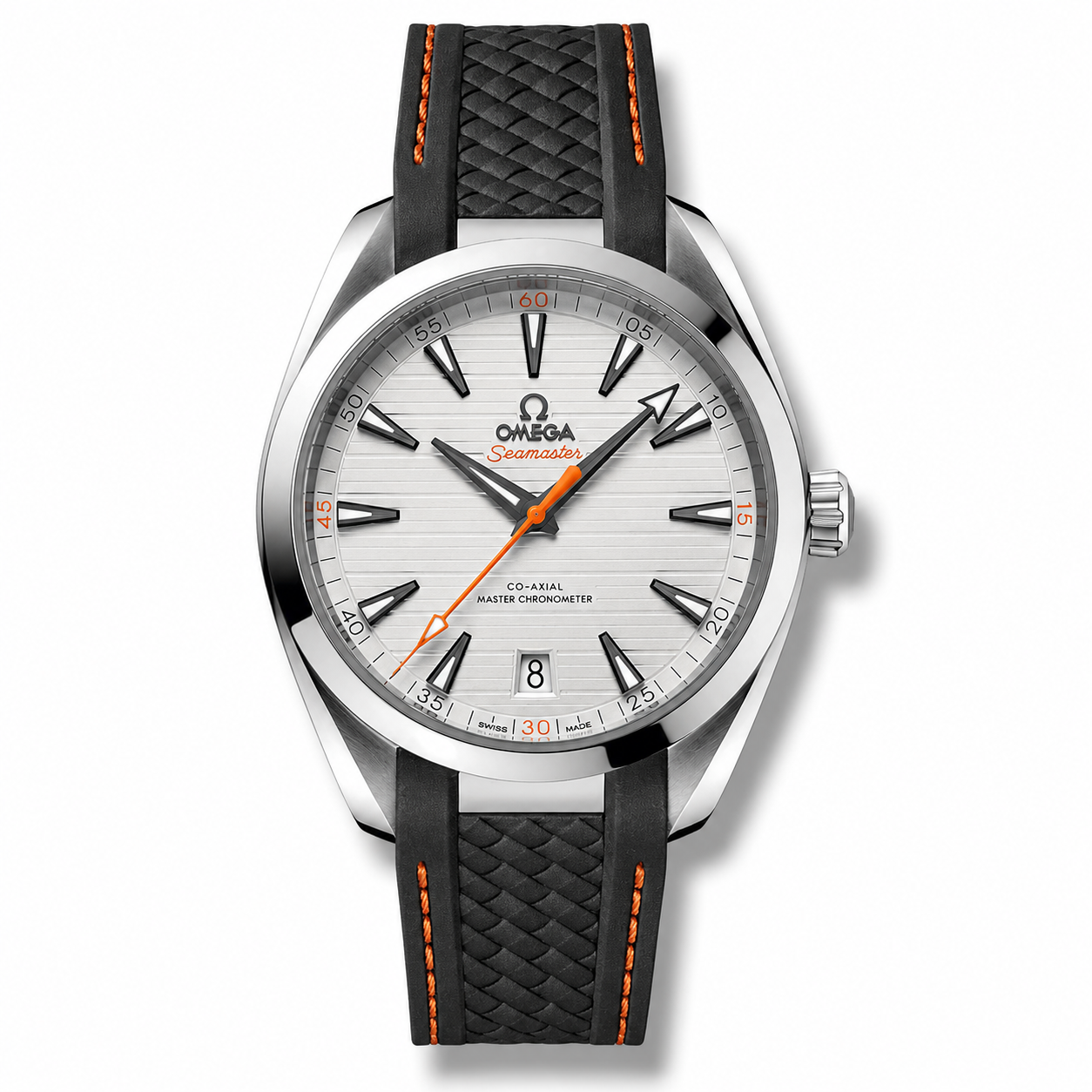 IMG-5998.png Omega AquaTerra Co-Axial Master Chronometer – Silver Dial Orange Accents Rubber Strap 41mm - Image 1