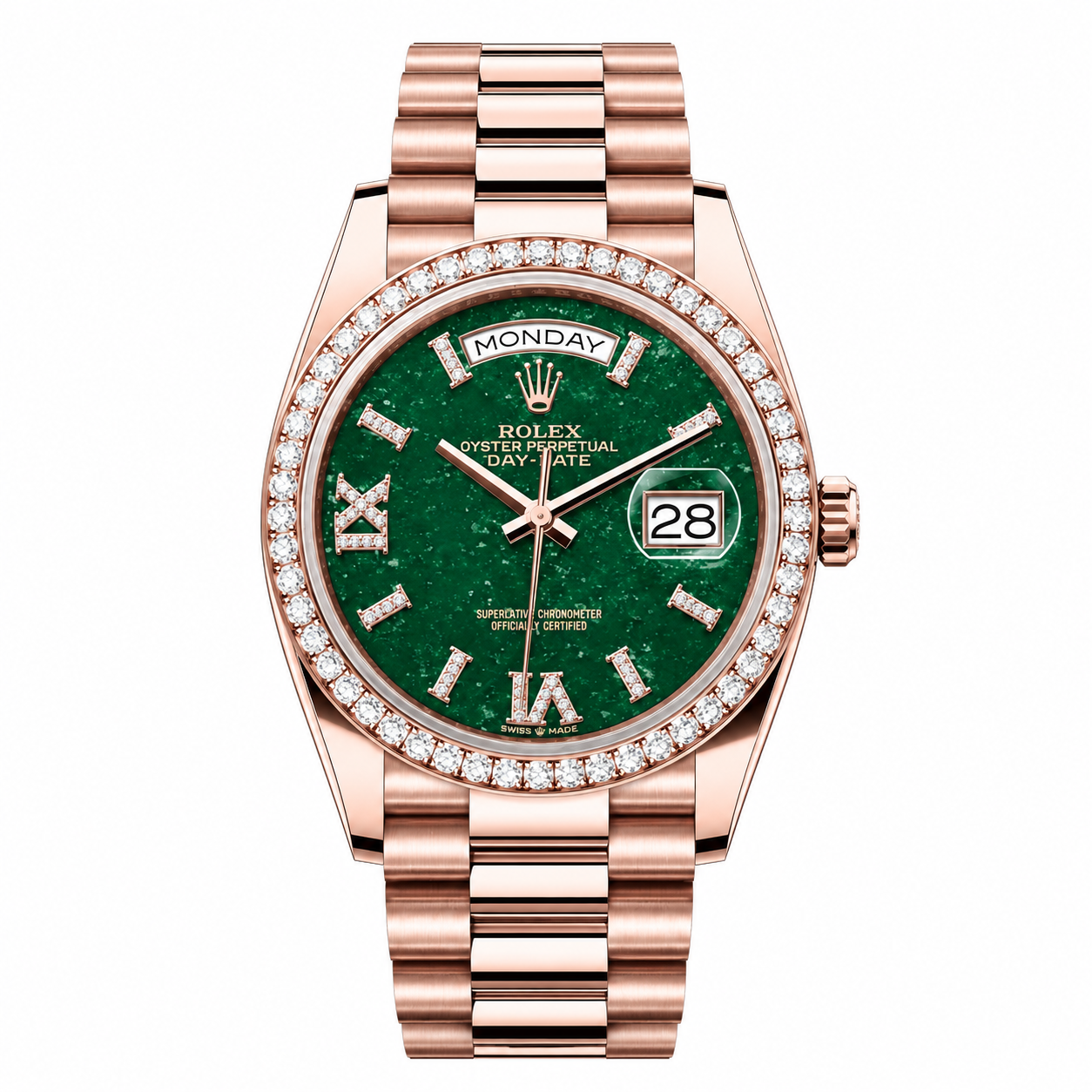 IMG-6422.png Rolex Day-Date Green Stone Diamond Bezel Rose Gold President 36mm - Image 1