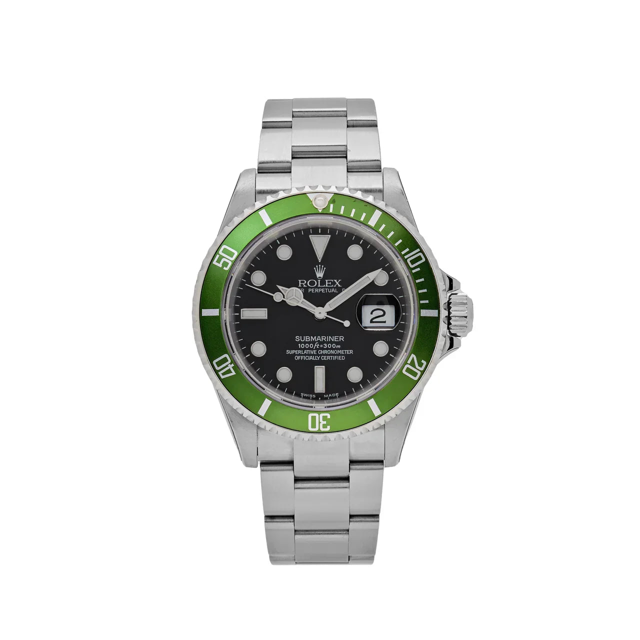 VintageRolexSubmarinerSteelGreenKermitBezel16610_01_revised_1280x_848f56e2-b314-4808-a852-3385530519de.jpg Rolex Submariner Date 16610V 'Kermit' Bezel Flat 4 Steel Black Dial Oyster (2003) - Image 1